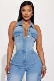 Tight Waist Slim Stretch Washed Denim Straight Leg Jumpsuit