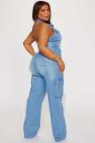Tight Waist Slim Stretch Washed Denim Straight Leg Jumpsuit