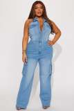 Tight Waist Slim Stretch Washed Denim Straight Leg Jumpsuit