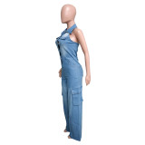 Tight Waist Slim Stretch Washed Denim Straight Leg Jumpsuit