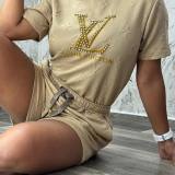 Elegant Women's Embossed Short Sleeve Shorts Two Pieces