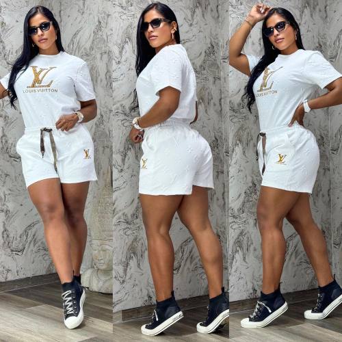 Elegant Women's Embossed Short Sleeve Shorts Two Pieces