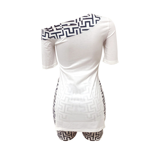 (WhiteSpecialPrice)Sloping Shoulders Printed Slit Short Sleeve Shorts Set