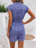 Women's Striped Cap Sleeve Notched Neck Romper With Cut-Out Detail