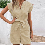 Women's Striped Cap Sleeve Notched Neck Romper With Cut-Out Detail
