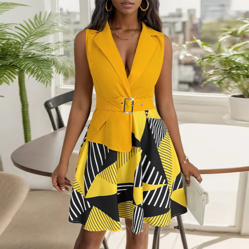Suit Collar 2024 Summer Sleeveless Geometric Pleated Dress