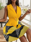 Suit Collar 2024 Summer Sleeveless Geometric Pleated Dress