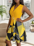 Suit Collar 2024 Summer Sleeveless Geometric Pleated Dress