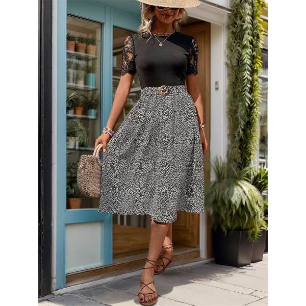 Lace Patchwork Short Sleeve Midi Dress