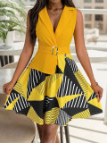 Suit Collar 2024 Summer Sleeveless Geometric Pleated Dress