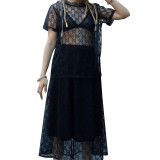 Mesh Lining Short Sleeve Tops & Long Skirt 2 Pieces