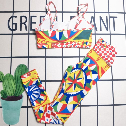 Summer Printed Padded Swimsuit Straps Bra Crop Top & Trousers Two Piece