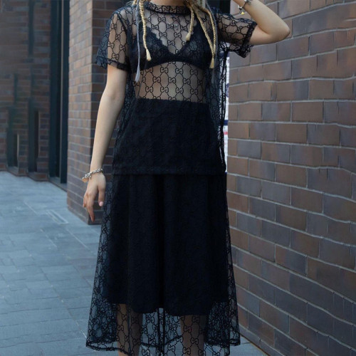 Mesh Lining Short Sleeve Tops & Long Skirt 2 Pieces