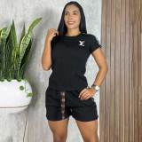 Women's Embroidered Short Sleeve Embossed Casual Set
