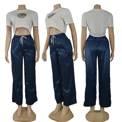 Summer Casual Short Sleeve Round Neck Crop Top + Wide-leg Pants