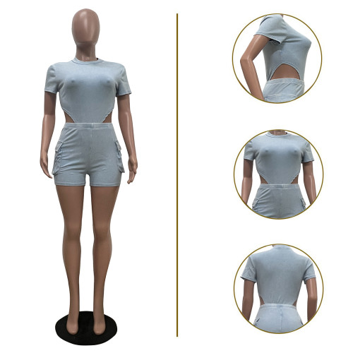 Casual Short Sleeve Playsuit & Shorts Two Piece Set