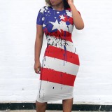 Short Sleeve Printed Dress Independence Day American Flag Midi Dresses