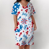 Large Women's V-Neck Independence Day Printing Short-Sleeve Dress