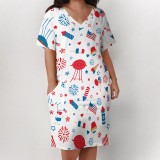 Large Women's V-Neck Independence Day Printing Short-Sleeve Dress