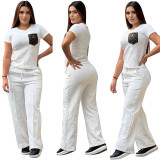 Casual High Quality Embossed Short Sleeve Two Piece with Pockets