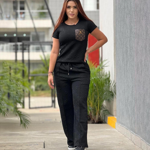Casual High Quality Embossed Short Sleeve Two Piece with Pockets