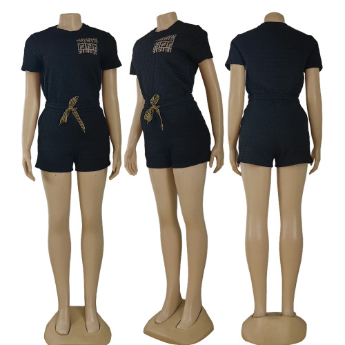 Casual Women's Embossed Short Sleeve Shorts Set