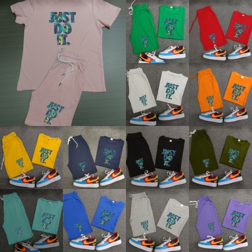 Summer High Quality Cotton Mens Print O Neck Shorts Sportswear Set