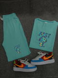 Summer High Quality Cotton Mens Print O Neck Shorts Sportswear Set