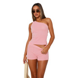 High-elastic One-shoulder Slit Pit Shorts Set