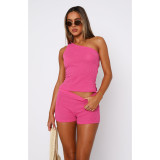 High-elastic One-shoulder Slit Pit Shorts Set