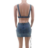 Summer Fashion Stretch Tassel Denim Short Skirt Set