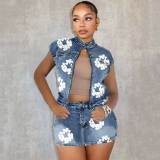 Casual Print Stretch Denim Jacket Skirt Set