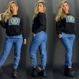 Casual Imitation Cotton Embroidery + Hot Drilling Two Piece Pant Set