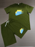 Summer High Quality Cotton Mens Print O Neck Sweatshirt Shorts Set
