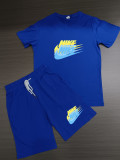 Summer High Quality Cotton Mens Print O Neck Sweatshirt Shorts Set