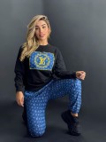 Casual Imitation Cotton Embroidery + Hot Drilling Two Piece Pant Set