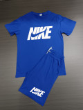 Summer High Quality Cotton Mens Print O Neck Sportswear Shorts Set