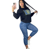 Casual Imitation Cotton Embroidery + Hot Drilling Two Piece Pant Set
