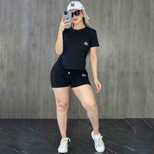 Black Embroidered Crew Neck Short Sleeve Shorts Set