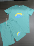 Summer High Quality Cotton Mens Print O Neck Sweatshirt Shorts Set