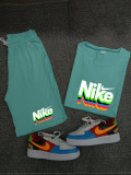 Summer High Quality Cotton Mens Print O Neck Shorts Sportswear Set