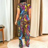 Casual Digital Printing Letter Round Neck Pant Set