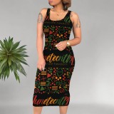 Casual Black Digital Printing African Print Midi Dresses