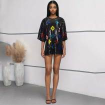 Fashion Short Sleeve Shiny Heavy Sequin Loose Summer Mini Dress