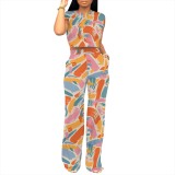 Casual Digital Printing Letter Round Neck Pant Set