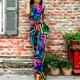 Casual Digital Printing Letter Round Neck Pant Set