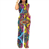 Casual Digital Printing Letter Round Neck Pant Set