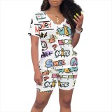 Casual Digital Printing Letter V Neck Short Set