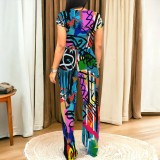 Casual Digital Printing Letter Round Neck Pant Set