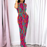 Casual Digital Printing Round Neck Pants Set